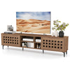 Walnut TV stand for TVs up to 80", featuring 2 doors, storage cabinets, and an artistic cut-out design for stylish.