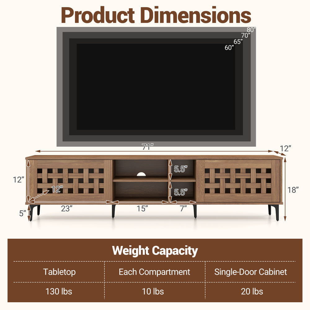 TV stand for TVs up to 80" in walnut finish, featuring 2 doors, storage cabinets, and cable management for a tidy setup.