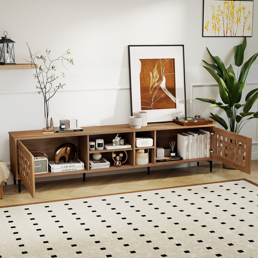 Walnut TV stand for TVs up to 80", showcasing spacious storage cabinets, artistic cut-out doors, and metal legs for.