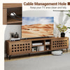 TV stand in walnut finish with cable management hole, featuring 2 doors and storage cabinets for TVs up to 80".