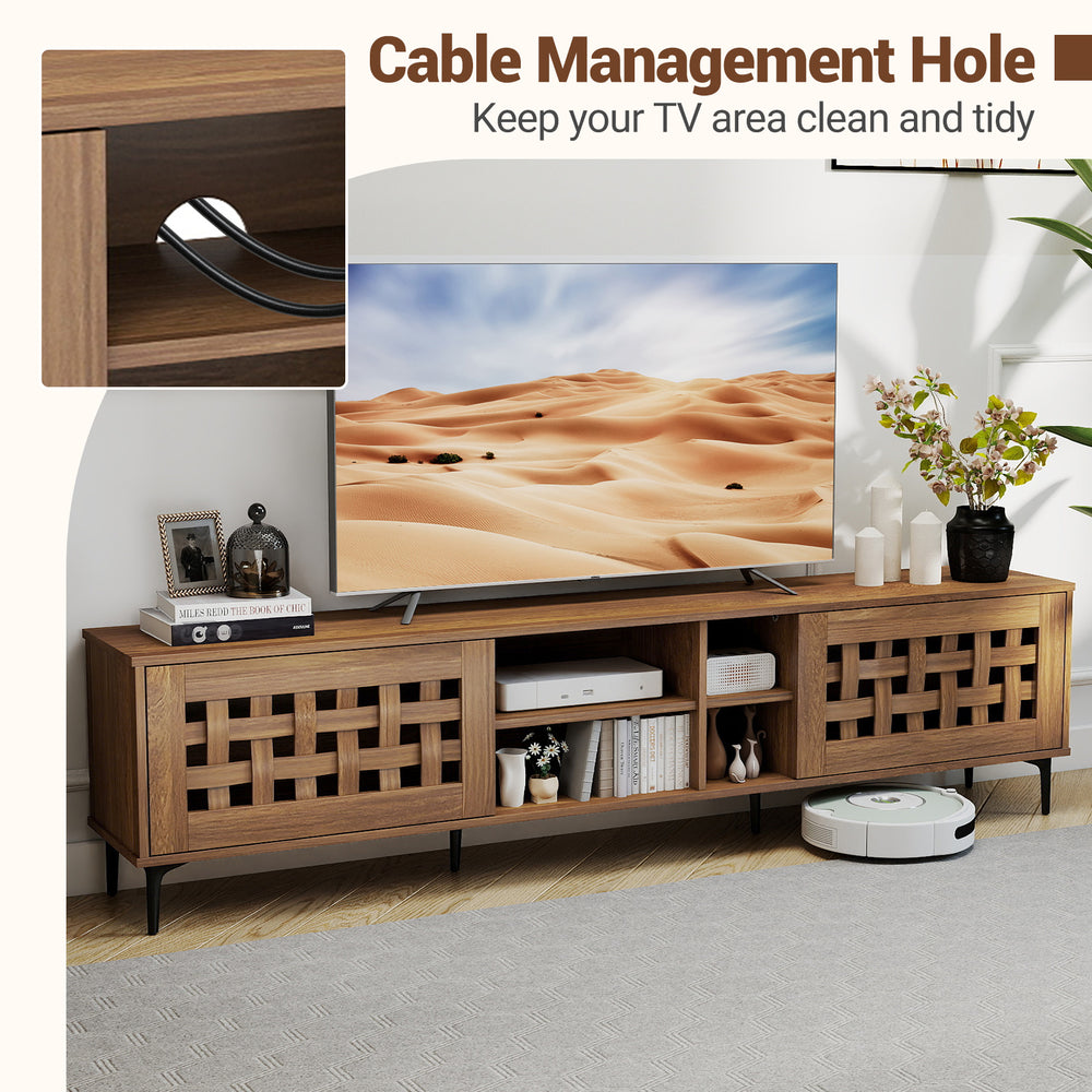 TV stand in walnut finish with cable management hole, featuring 2 doors and storage cabinets for TVs up to 80".