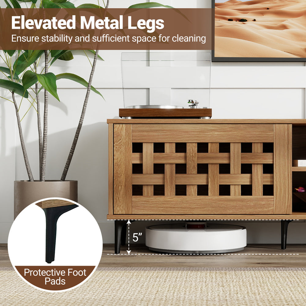 TV stand with elevated 5" metal legs, walnut finish, featuring 2 doors and storage cabinets for TVs up to 80".