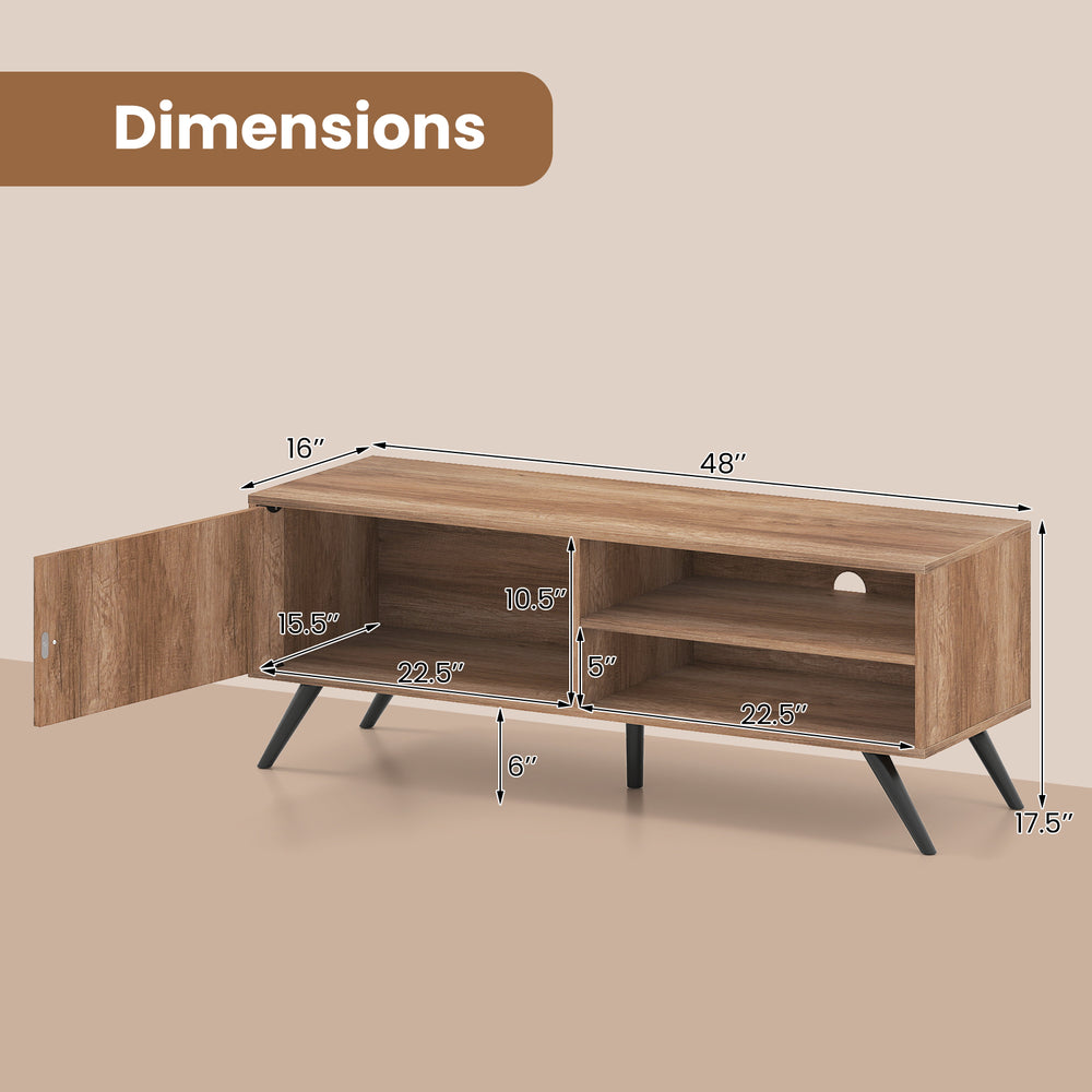 Mid-century modern TV stand dimensions with storage cabinet, suitable for TVs up to 55 inches, oak finish.