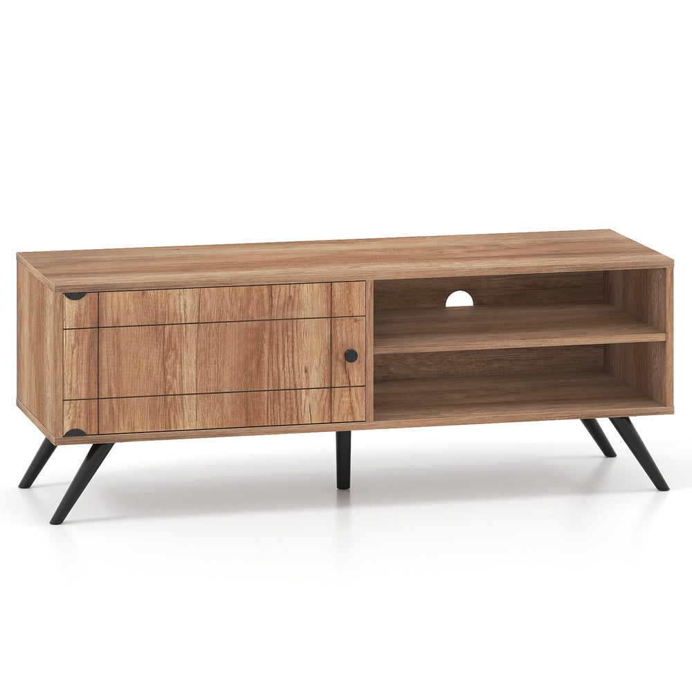 Mid-century modern TV stand in oak with storage cabinet and open shelves, suitable for TVs up to 55 inches.