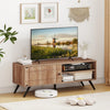 Mid-century modern TV stand in oak for TVs up to 55 inches, featuring open shelves and a storage cabinet for media.
