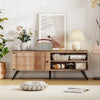 Mid-century modern TV stand in oak with textured surface, featuring open shelves and a stylish storage cabinet for.