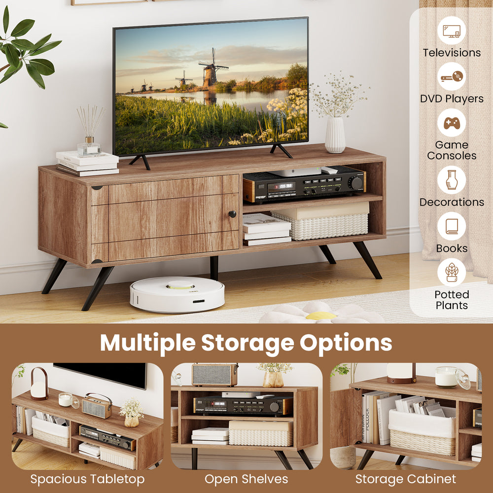 Mid-century modern TV stand in oak with spacious tabletop, open shelves, and storage cabinet for organized media items.
