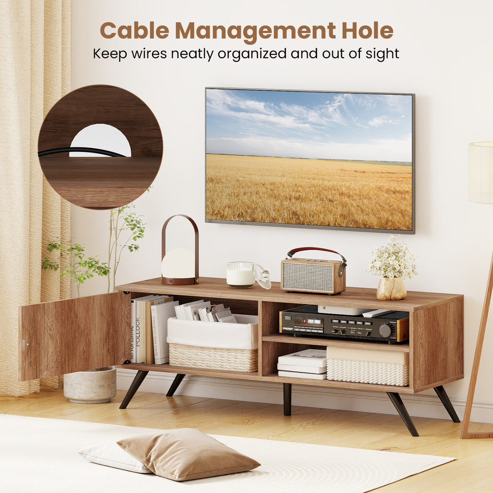 Mid-century modern TV stand with cable management hole, oak finish, suitable for TVs up to 55 inches, ideal for living.