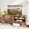 Brown TV stand for TVs up to 55" featuring sliding door, adjustable shelves, and splayed rubber wood legs.