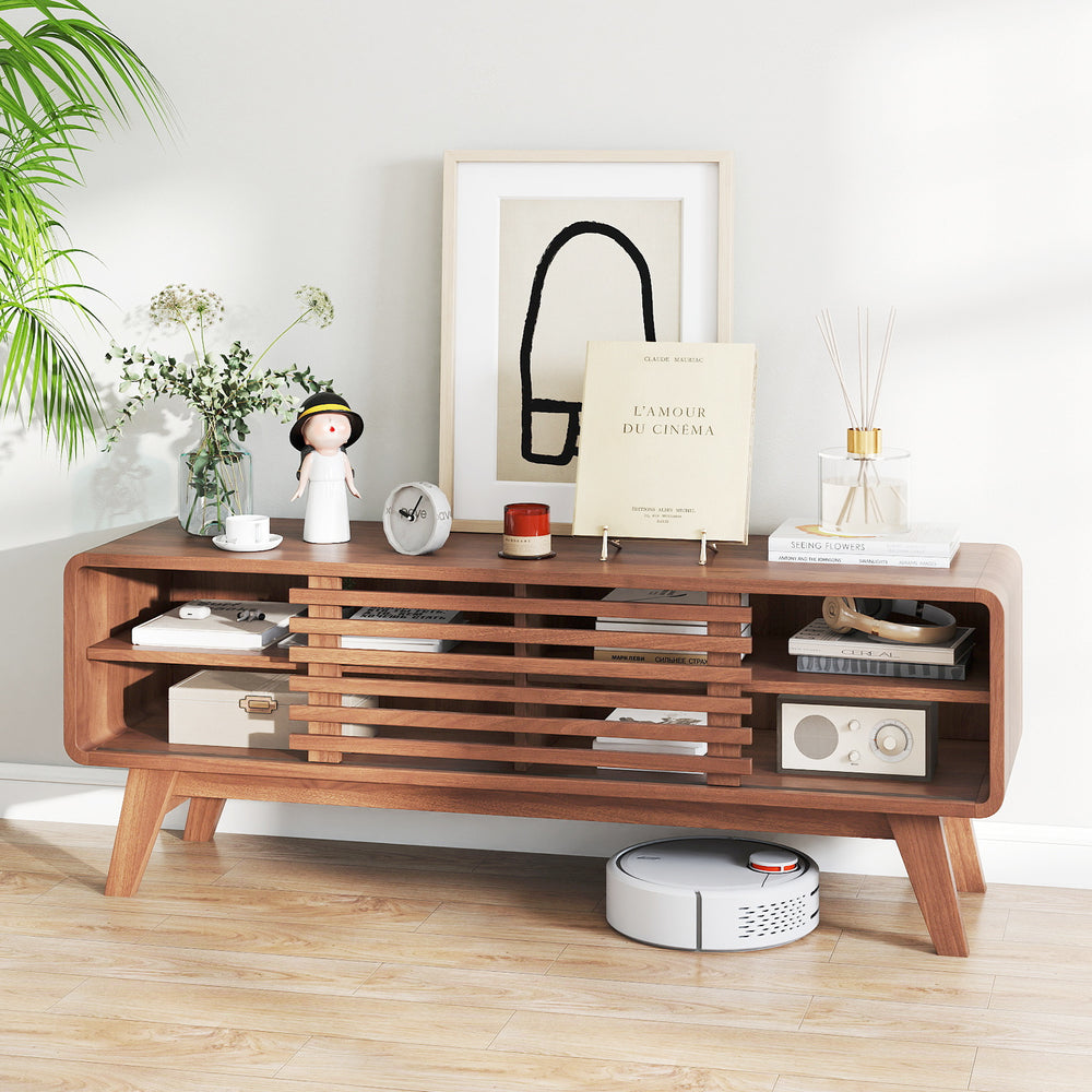 Brown TV stand for TVs up to 55", featuring sliding door, adjustable shelves, and mid-century design for living room.