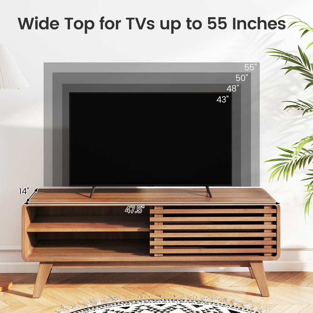 TV stand for TVs up to 55" featuring a sliding door, adjustable shelves, and a mid-century brown design for living.