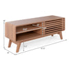 TV stand in brown with sliding door, adjustable shelves, and splayed rubber wood legs, designed for TVs up to 55".