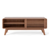 Brown TV stand for TVs up to 55", featuring sliding door, adjustable shelves, and solid rubber wood legs.