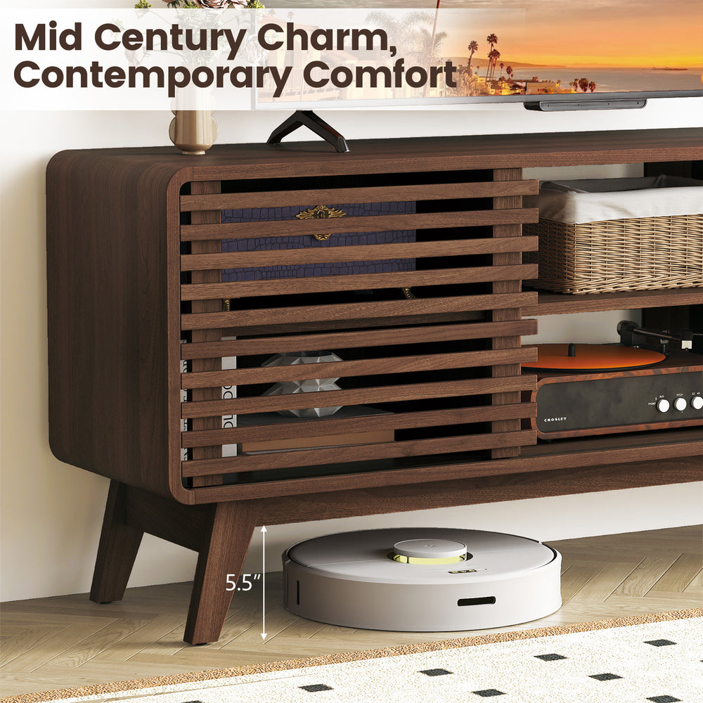 Walnut TV stand for TVs up to 65", featuring sliding doors, adjustable shelves, and mid-century design.
