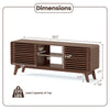 Dimension chart of a walnut TV stand for TVs up to 65", showcasing adjustable shelves and sliding doors.