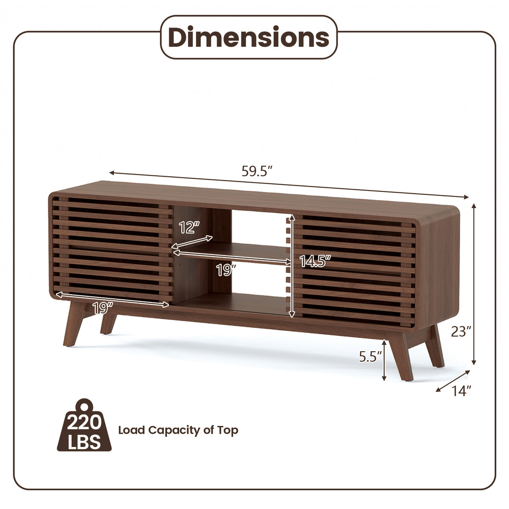 Dimension chart of a walnut TV stand for TVs up to 65", showcasing adjustable shelves and sliding doors.