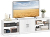 White TV stand for TVs up to 85 inches with RGB LED lighting, built-in charging station, and adjustable glass shelves.
