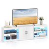 TV stand for TVs up to 85 inches with RGB LED lighting, storage cabinet, and built-in power outlets in white finish.