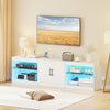 White TV stand for TVs up to 85 inches featuring RGB LED lighting, open shelves, and a stylish two-door cabinet.