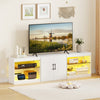 White TV stand for TVs up to 85 inches with RGB LED lighting, open shelves, and a 2-door cabinet for ample storage.