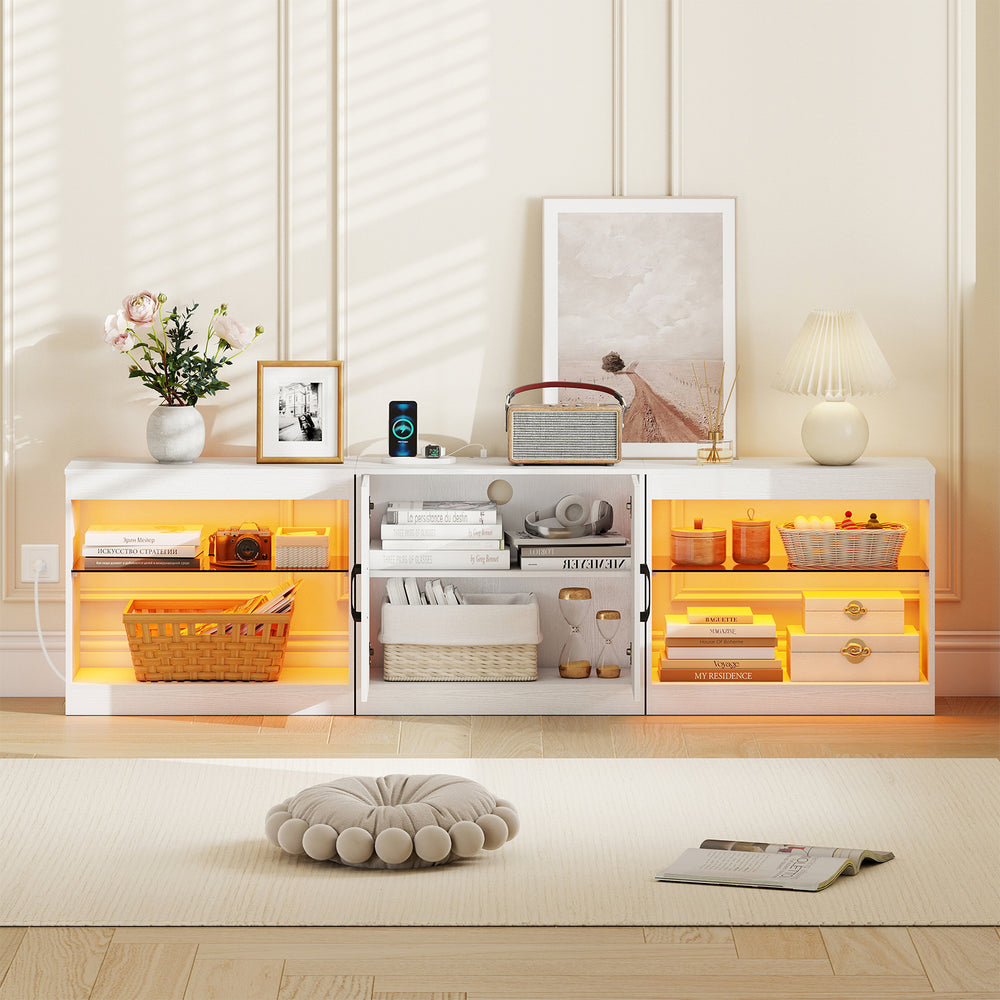 LED TV stand in white for TVs up to 85 inches, featuring adjustable shelves and built-in power outlets for convenient.