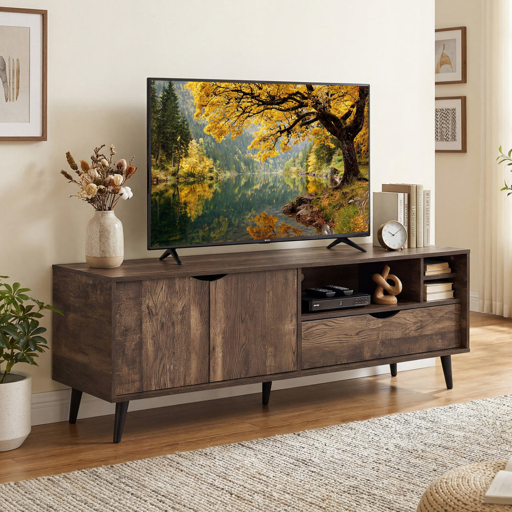 Rustic TV stand for TVs up to 65 inches featuring a 2-door cabinet, open shelves, and a large drawer for organized.