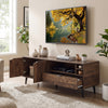 Rustic brown TV stand for TVs up to 65 inches featuring open shelves, a large drawer, and soft close doors for.