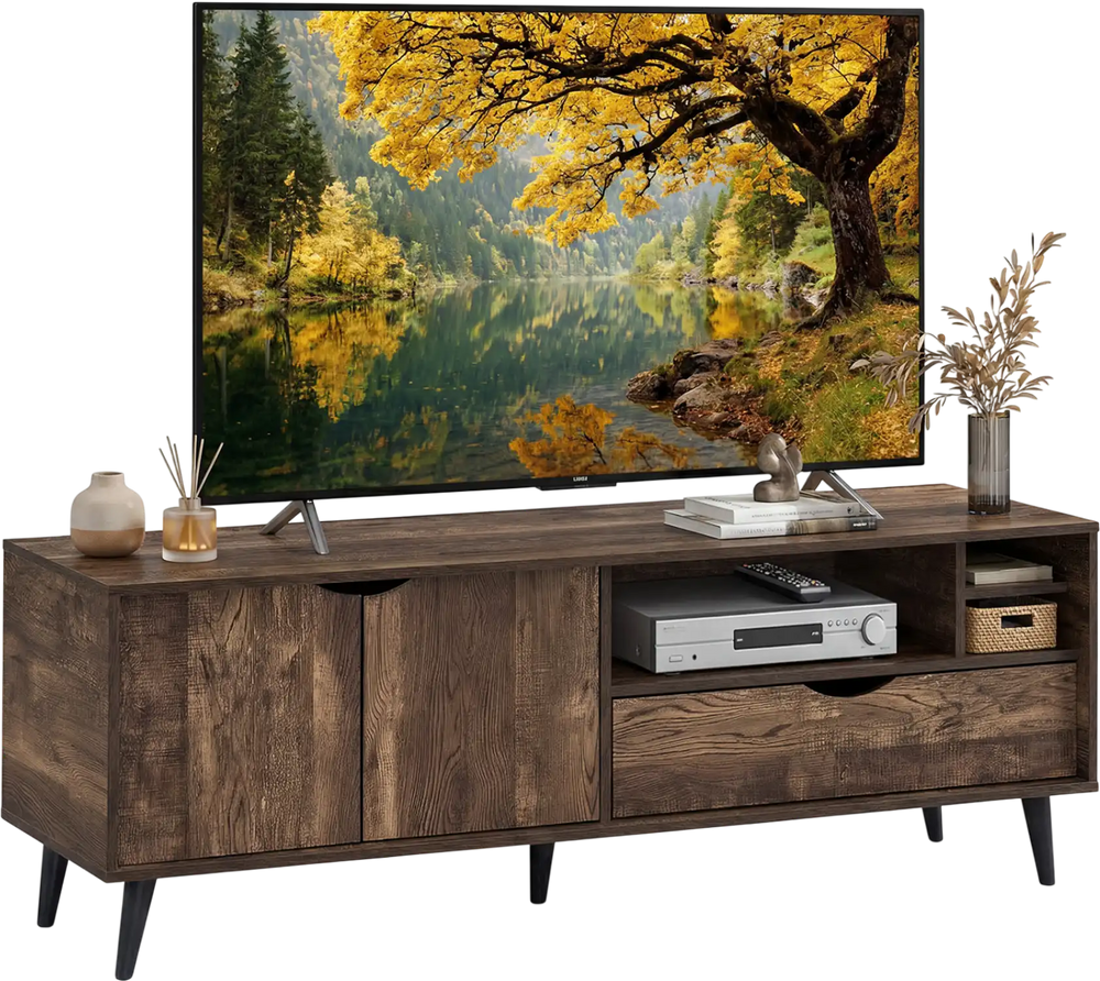 Rustic TV stand for TVs up to 65 inches with 2-door cabinet, open shelves, and large drawer for organized storage.