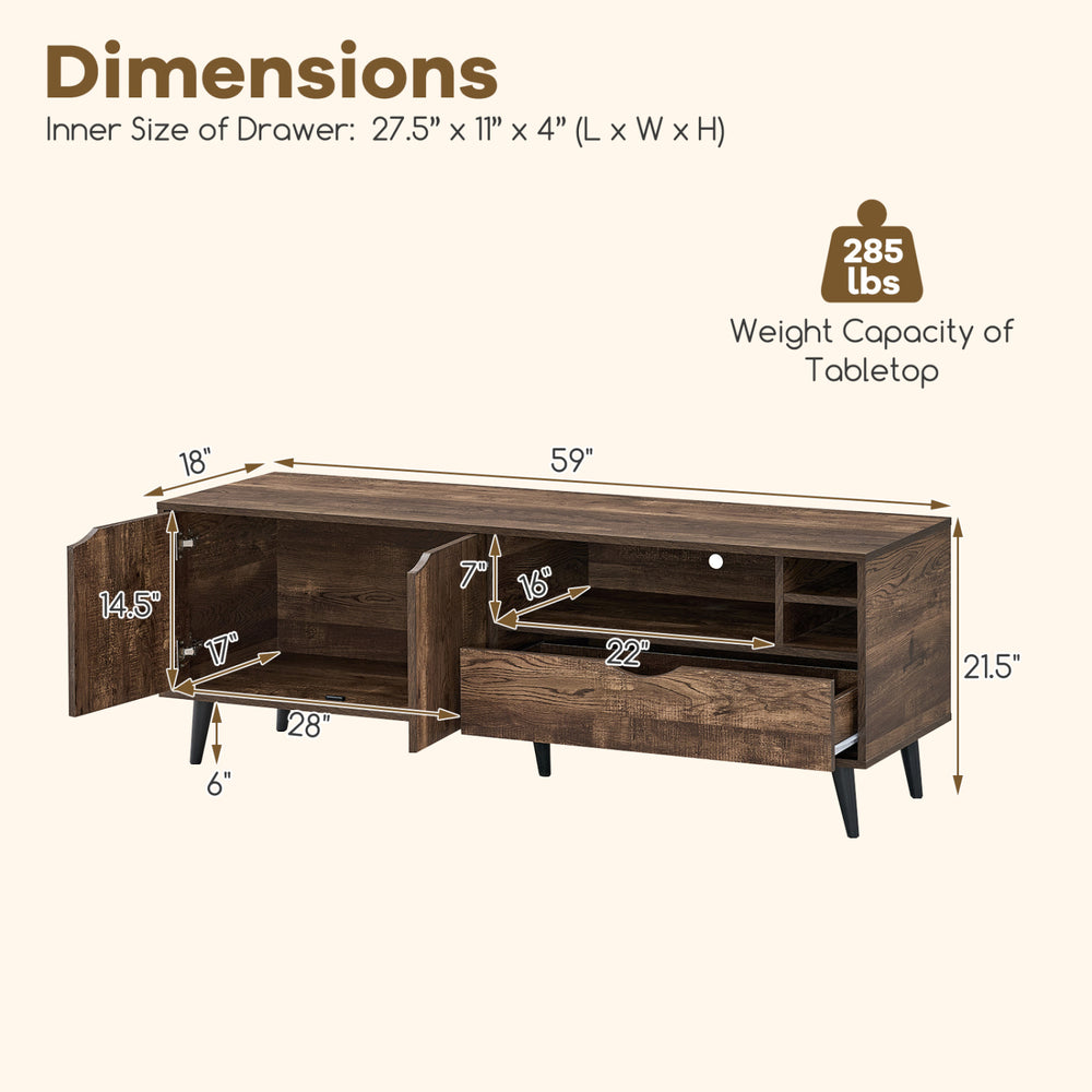 Rustic TV stand with dimensions, featuring 2-door cabinet, open shelves, and large drawer for organized storage.