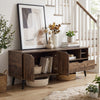Rustic brown TV stand with cut-out handle and smooth metal slides, showcasing open shelves and a large drawer for.