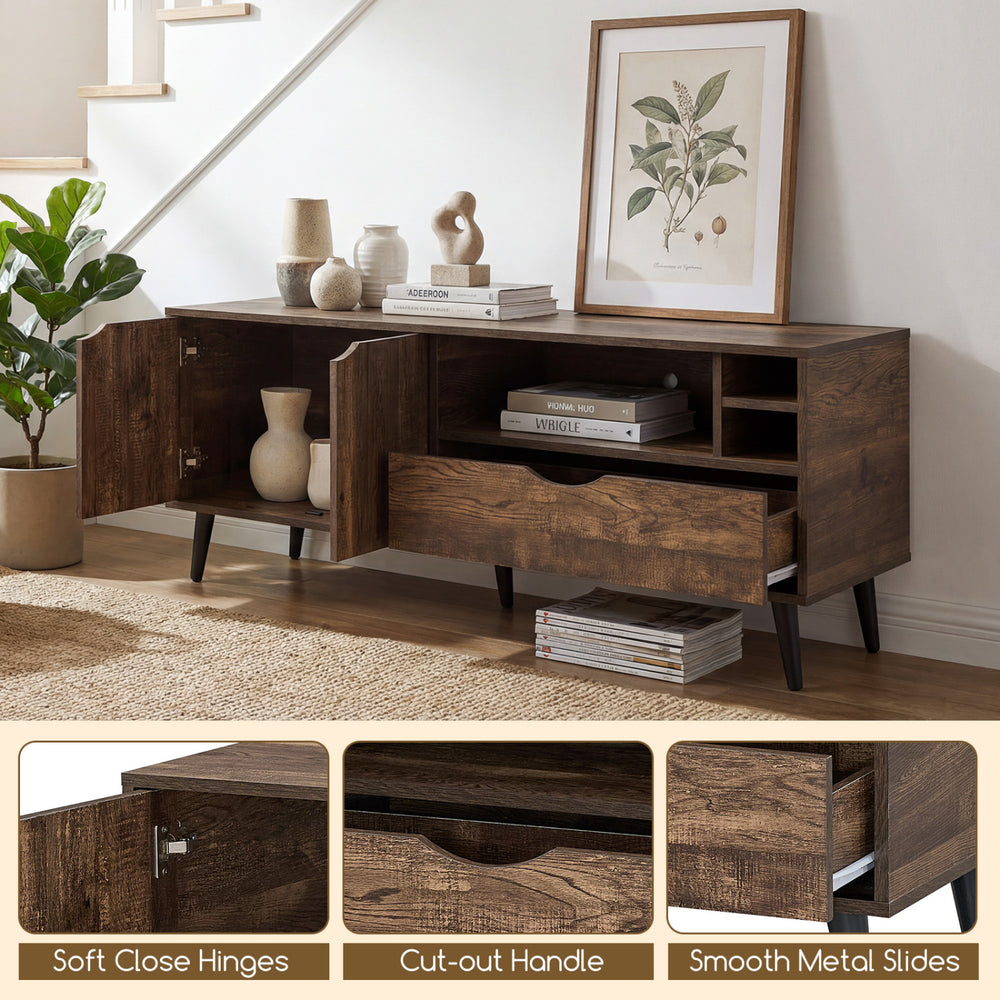 Rustic TV stand with open shelves, 2-door cabinet, and large drawer, designed for TVs up to 65 inches, featuring soft.