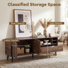 Rustic TV stand with wide tabletop, 2-door cabinet, and open shelves for organized storage in brown finish.