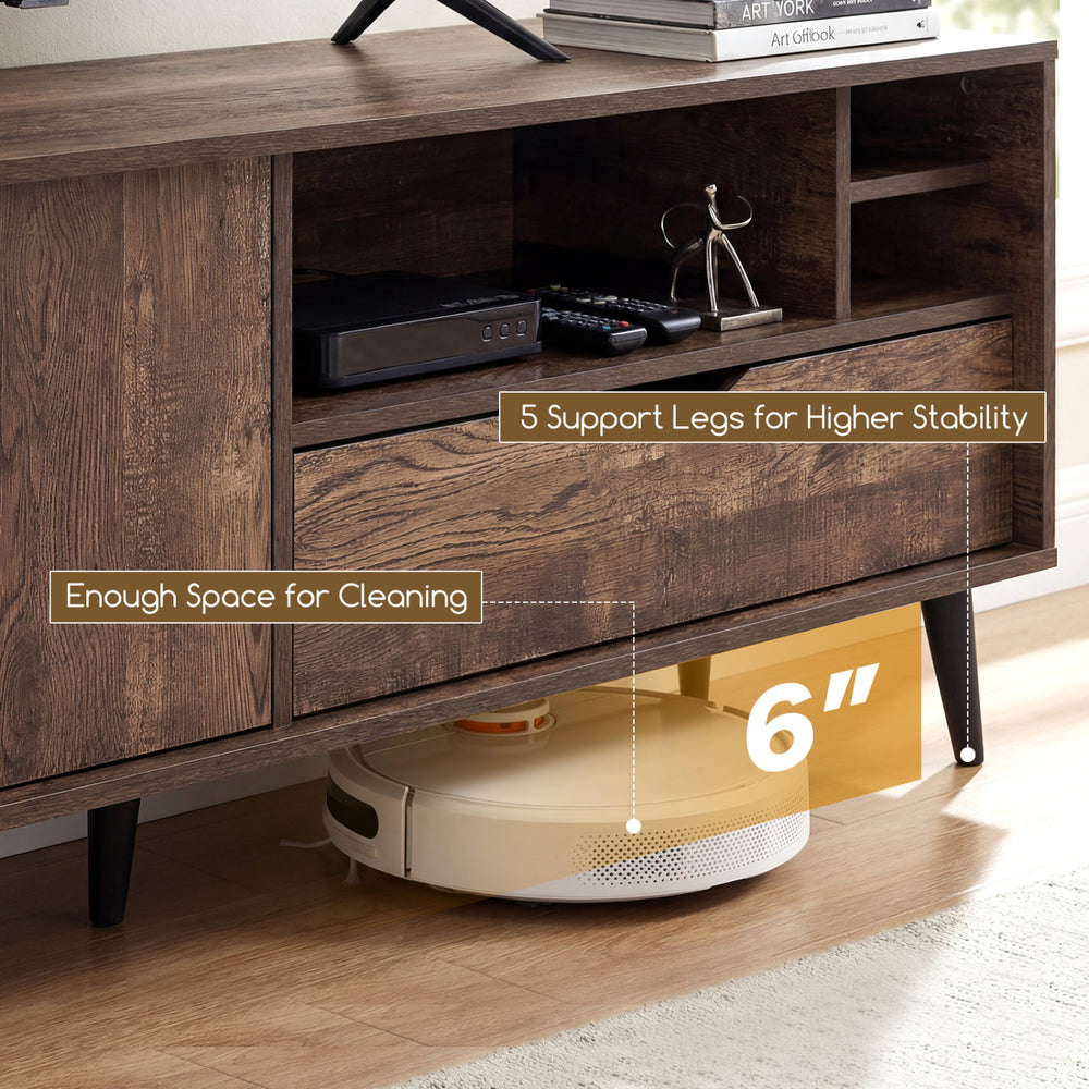 Rustic TV stand with 5 support legs, 6" clearance for cleaning, and storage for TVs up to 65 inches.