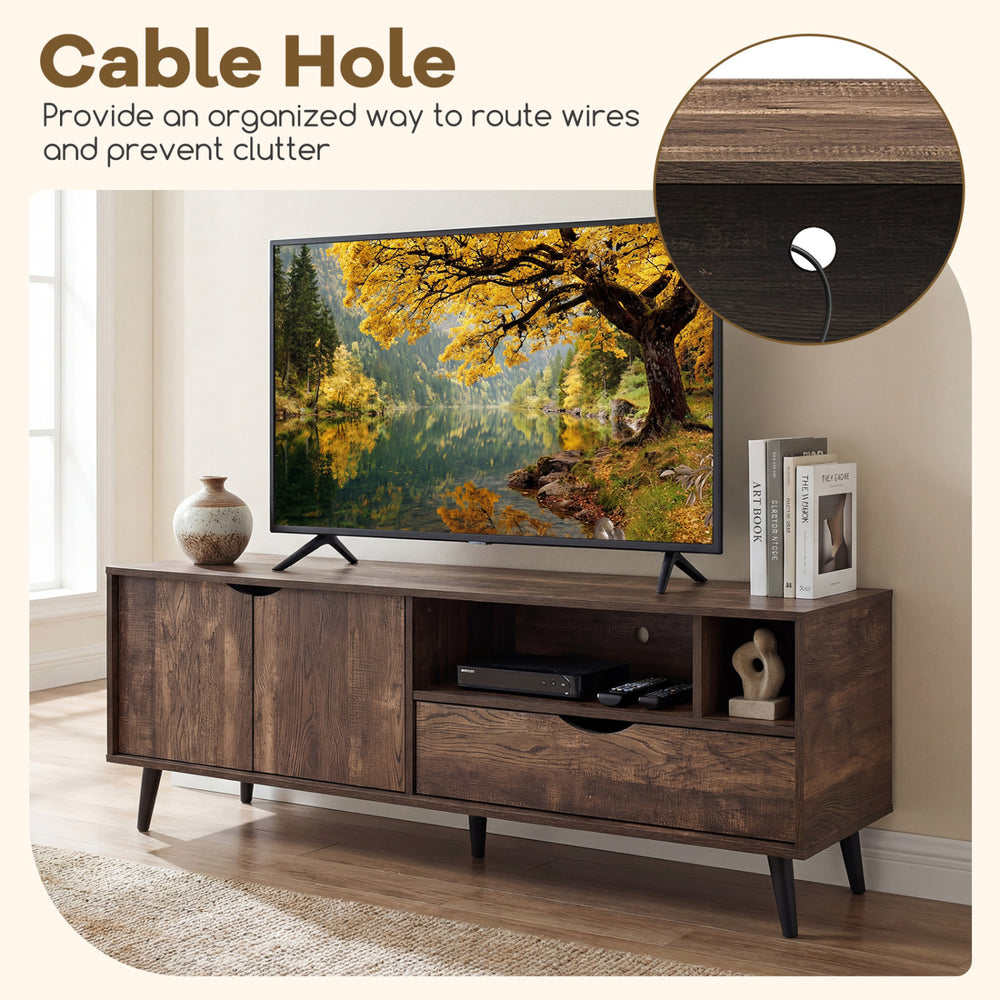 Rustic TV stand for TVs up to 65 inches featuring a cable hole, open shelves, and a large drawer for organized storage.