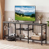 TV stand with oak and black finish, featuring 3 open shelves, 4 hooks, and sturdy metal frame for TVs up to 65 inches.