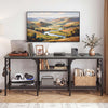 TV stand in oak and black with 3-tier open shelves and 4 hooks, ideal for TVs up to 65 inches and media storage.