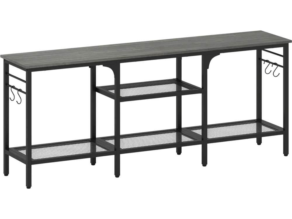 TV stand in oak and black with 3-tier open shelves and 4 hooks, suitable for TVs up to 65 inches, for versatile storage.