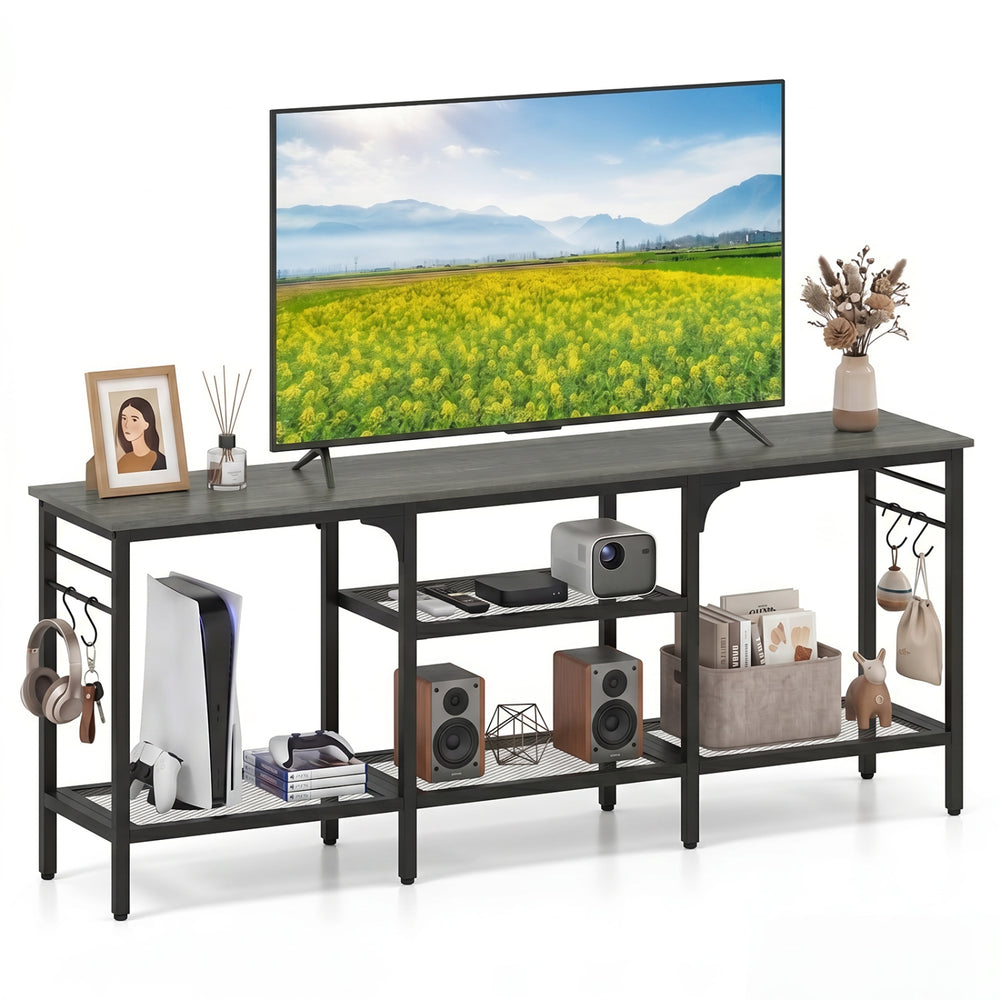 TV stand with oak and black finish, featuring 3 open shelves and 4 hooks, suitable for TVs up to 65 inches.