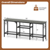TV stand with 3-tier open shelves, hooks, and a sturdy black metal frame, suitable for TVs up to 65 inches.