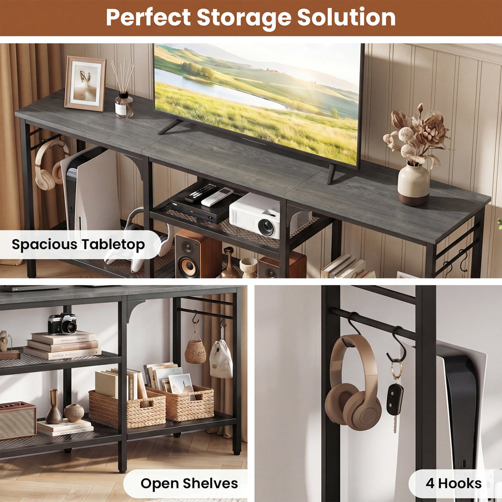 TV stand with spacious tabletop, 3-tier open shelves, and 4 hooks for organized media storage in oak and black finish.