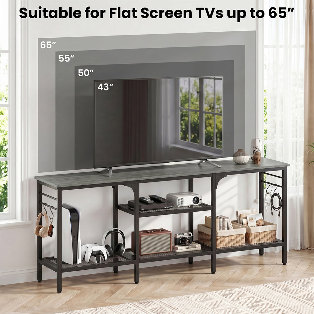 TV stand with spacious tabletop for TVs up to 65 inches, featuring 3 open shelves and 4 hooks for storage.