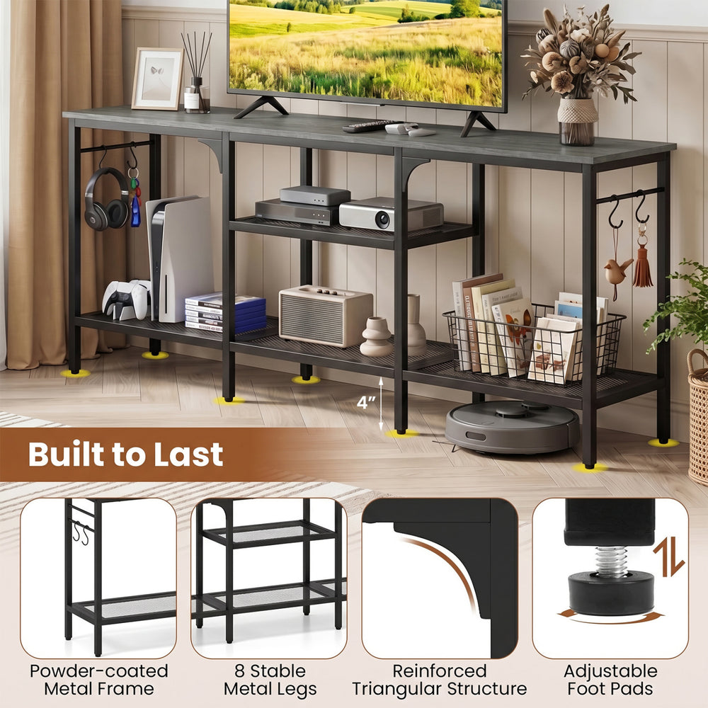 TV stand with oak and black finish, featuring 3 open shelves, 4 hooks, and a sturdy metal frame for TVs up to 65 inches.