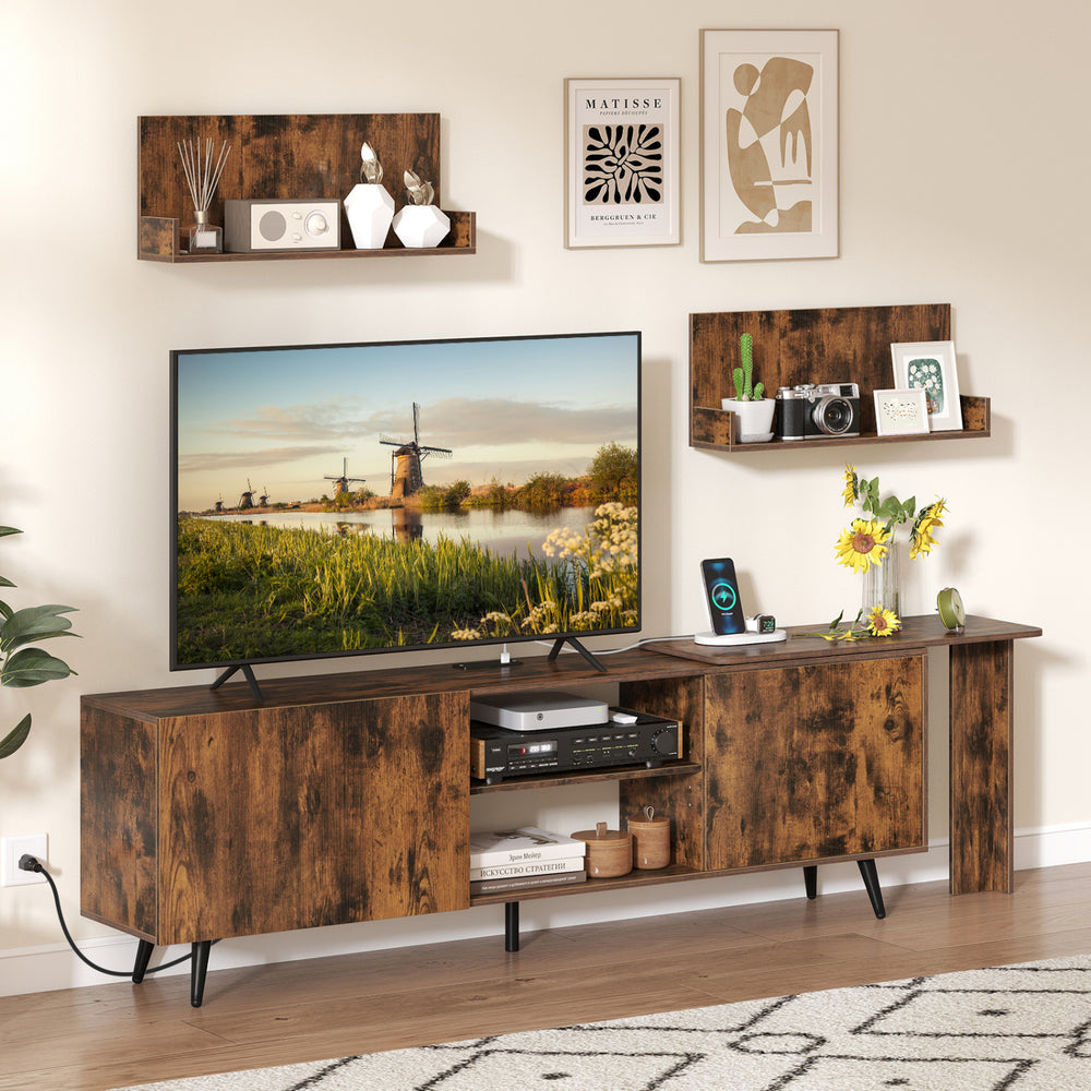TV stand in brown for TVs up to 85 inches with two wall shelves and a built-in charging station for convenient storage.