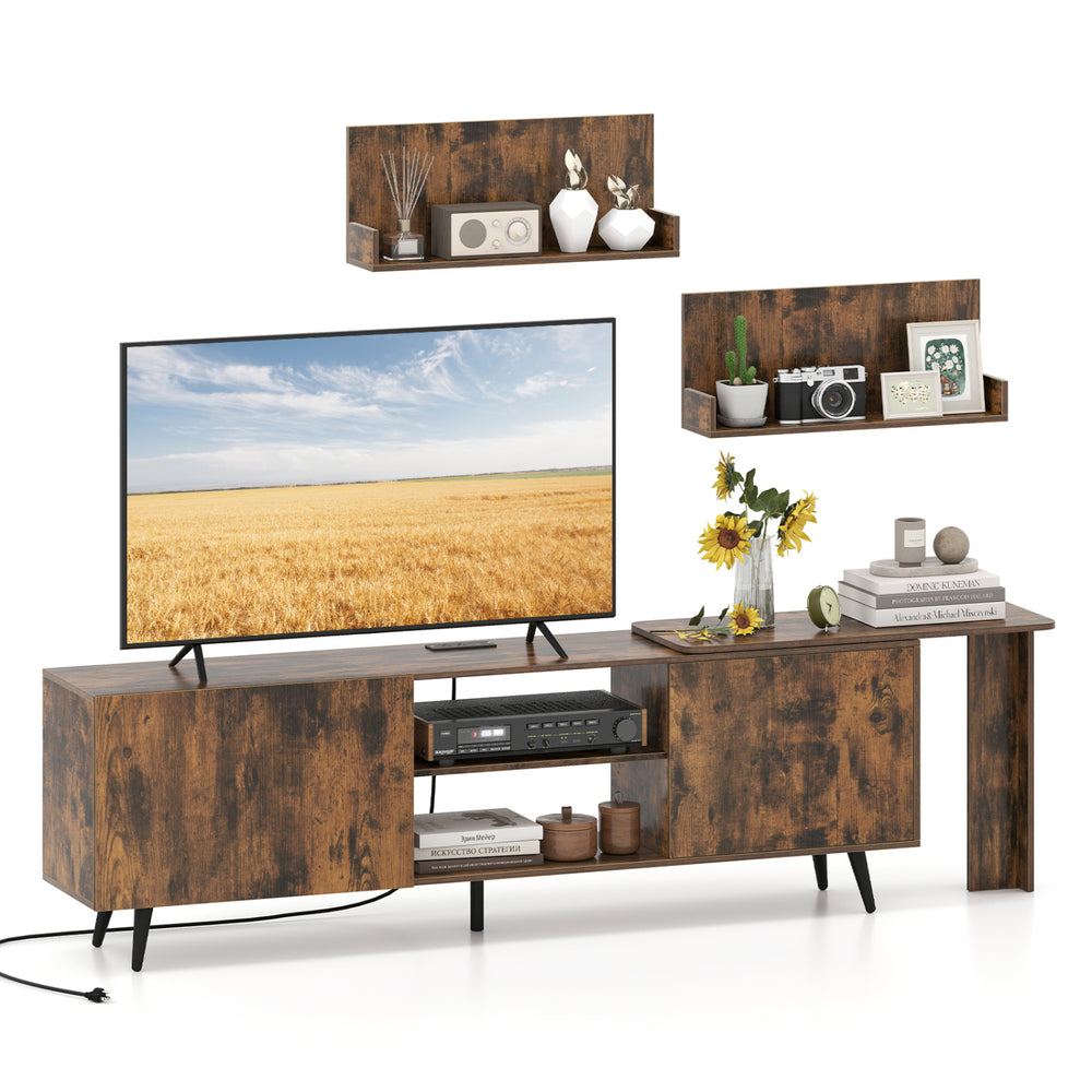 TV stand in brown for TVs up to 85 inches with two wall shelves, built-in charging station, and ample storage space.