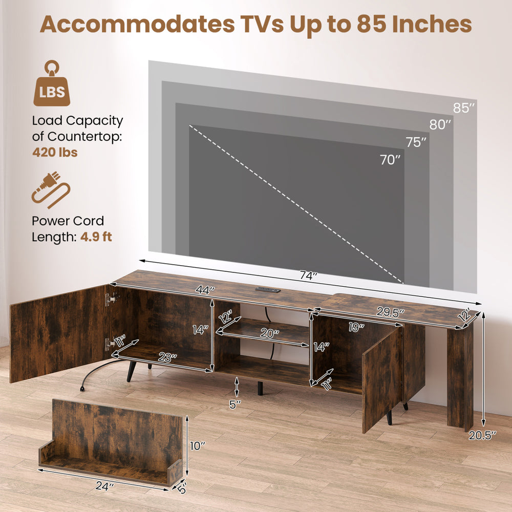 Detailed dimensions of the TV stand for TVs up to 85 inches, showcasing its size and storage capabilities in brown finish.