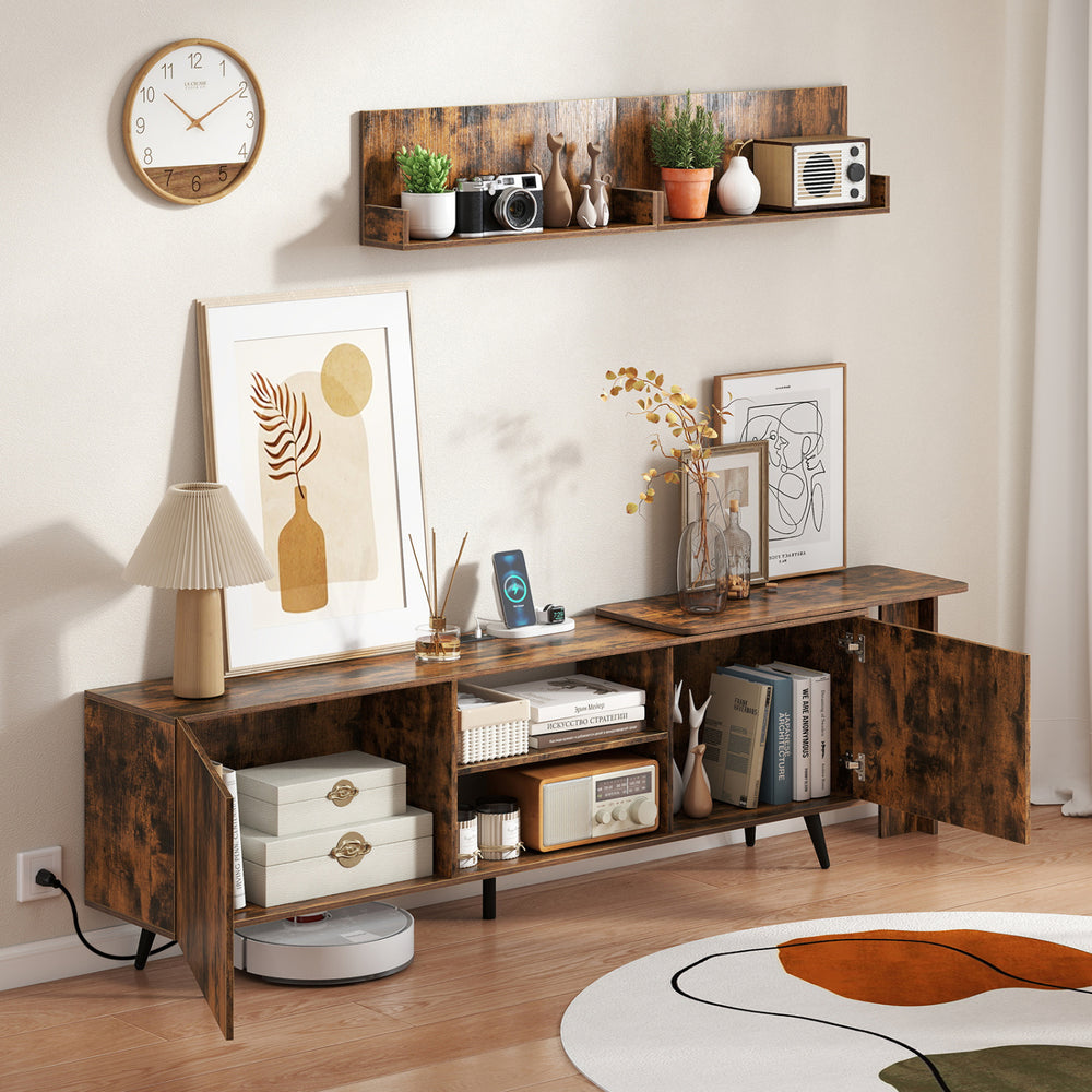 TV stand in brown for TVs up to 85 inches with 2 wall shelves, charging station, and ample storage space.