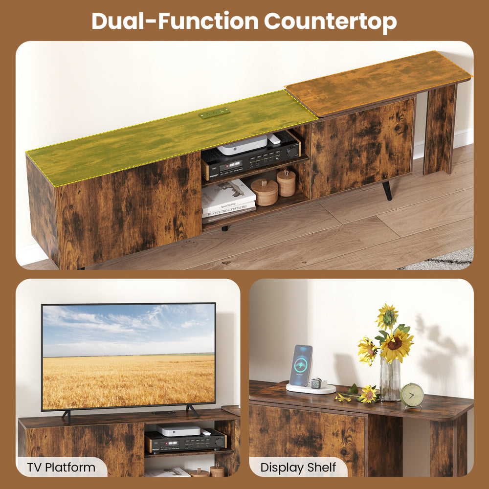 TV stand for TVs up to 85 inches with dual-function countertop, built-in charging station, and two matching wall shelves.