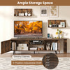 TV stand for TVs up to 85 inches featuring two cabinets, adjustable shelf, and built-in charging station in brown finish.