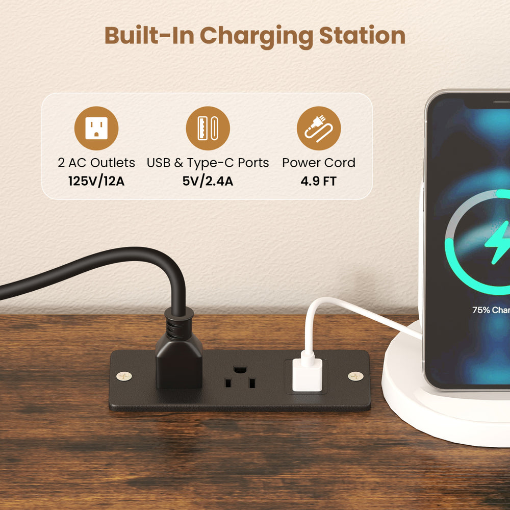 Built-in charging station with 2 AC outlets and USB ports on the TV stand for convenient device charging.