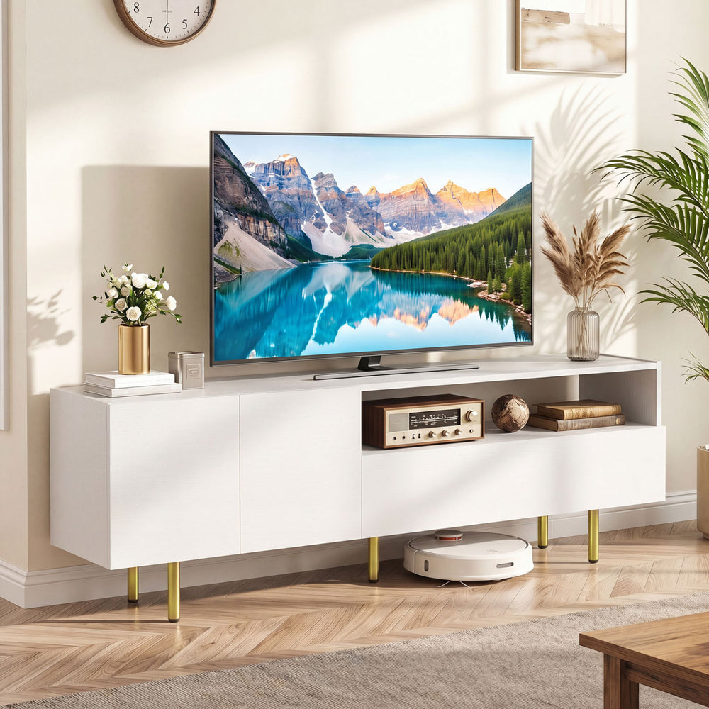 TV Stand for TVs up to 70" with Storage Cabinet and Raised Metal Legs-White - Gallery View 1 of 11